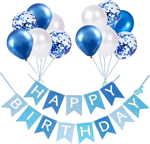 Luftballons Geburtstag Dekoration Set, blau weiße Geburtstagsdeko Happy Birthday deko Banner Party Deko Geburtstag Set mit blau weiße Luftballons Konfetti Ballons（BLUE) von YIXINCHENQI