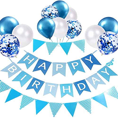 Luftballons Geburtstag Dekoration Set, blau weiße Geburtstagsdeko Happy Birthday deko Banner Party Deko Geburtstag Set mit blau weiße Luftballons Konfetti Ballons Dreiecksflaggen Girlanden（B+SJQ) von YIXINCHENQI