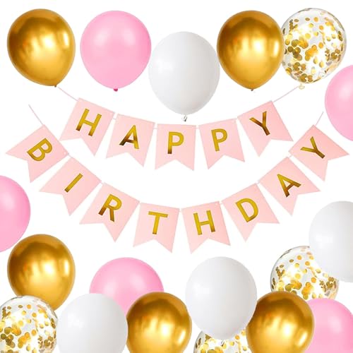 Luftballons Geburtstag Dekoration Set,Macaron rosa weiße Gold Geburtstagsdeko Happy Birthday deko Banner Party Deko Geburtstag Set mit Macaron rosa weiße Gold Latex Luftballons Konfetti Ballons（rd) von YIXINCHENQI