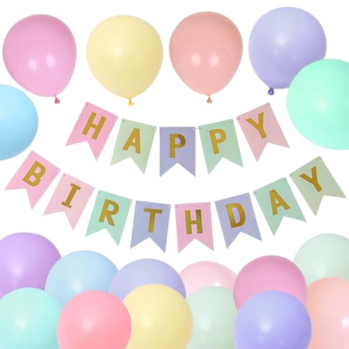 Macaron Luftballons Geburtstag Dekoration Set, Macaron Farbe Geburtstagsdeko Happy Birthday deko Banner Party Deko Geburtstag Set mit 16pcs Macaron Farbe Happy Birthday Latex Luftballons(Macaron) von YIXINCHENQI