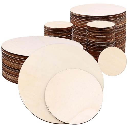 YIXNSW 100 Stück 3 Größen Runden Holzscheiben, 50 mm 100 mm 150 mm Unvollendete Holzscheiben, Handwerkliche Holzscheiben für DIY Basteln, Dekorieren, Bemalen, Schnitzen, Untersetzer von YIXNSW