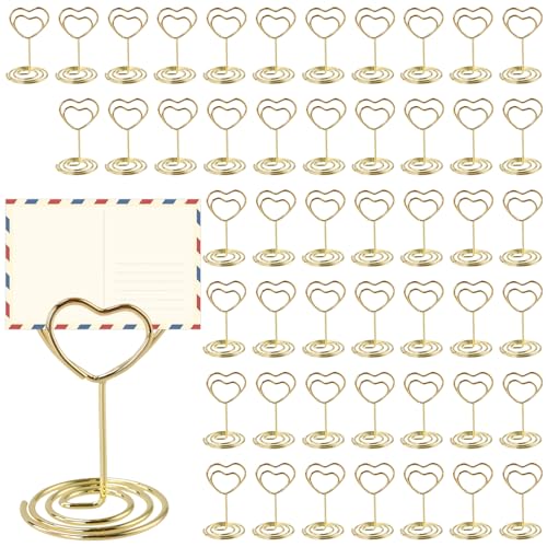YIXNSW 50 Stück Gold Tischkartenhalter, 40 x 50 mm Herzförmig Fotohalter, Menükartenhalter, Stabil Postkartenhalter für Hochzeit, Party, Bankett von YIXNSW