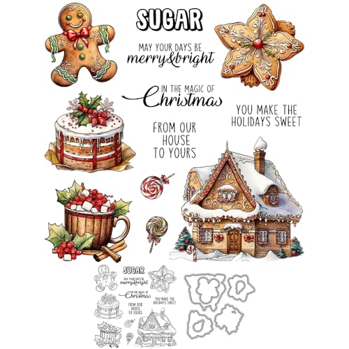 YIXUAN Süßer Kuchen Weihnachten Lebkuchenmann Haus klare Stempel und Metall Stanzformen Set mit Paket Umschlag Box für Kartenherstellung DIY Xmas Handwerk Scrapbooking Supplies Silikon Stempel Messer von YIXUAN