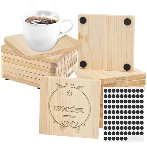 24 Stück Unvollendete Natürliche Untersetzer Holz mit 96 Rutschfesten Runden, 10cm Quadratisch Blank Holzuntersetzer, DIY Glasuntersetzer Basteln Holzplatten für Gläser, Holzbrennen, Gravur, Malerei von YIYAXIN