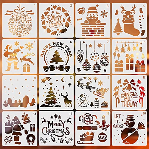 Schablonen Weihnachten Zeichenschablonen Malschablonen aus Kunststoff Handwerk Malschablonen 16 Stück Weihnachts Schablonen Set für DIY Bullet Journal Album Scrapbooking Papier Karte Deko (A) von YIYICO