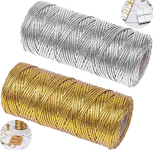 Goldkordel Metallic Kordel Goldfaden Zum Basteln 2 Rolle 100M Goldschnur 1.5 mm Breit für DIY Kunsthandwerk Schmuckschnur oder Geschenkverpackungen Weihnachtsschnur (Gold + Silber) von YIYICO