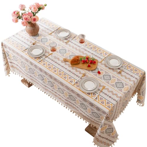 YIYOHON Tischdecke mit Quasten, böhmischer Stil, wasserdichte Stofftischdecke, auslaufsicher, Tischdecke für Esstisch, Buffetpartys und Camping (140 x 220 cm) von YIYOHON