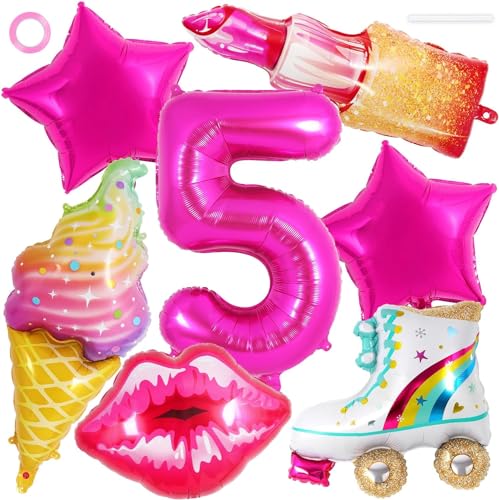 Folienballon Lippen, 6pcs geburtstagsdekoration 5 jahre,Lippenstift Ballon, Eiscreme Ballons, Ballon Rollschuhe, Stern Ballons, Geeignet für Geburtstagsballons für 5-Jährige Mädchen von YIZHIXIANGQ