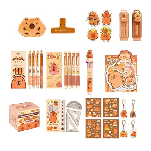 Schreibwaren für Schüler und Schule, mit großem Federmäppchen, Radiergummi, Lineal, Clip, Schlüsselanhänger, Haftnotizen, Aufkleber, Capybara-Stift und Haftnotizen, 21 Stück von YIZITU