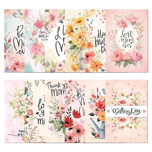 Wunderschön gestaltete Muttertags-Grußkarten, buntes Postkarten-Set mit Umschlägen, Party-Dekorationen, Grußkarten, 12 Stück von YIZITU