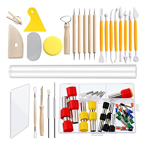 YIZITU Modelliermassen-Set aus Keramik, 65-teilig, doppelseitig, Modelliermasse, Glättungsset mit Ton für Puppenpinsel und Bohrstift von YIZITU