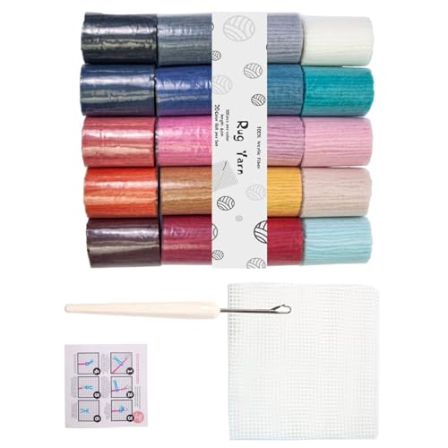 YIZITU Teppich-Zubehör mit 20 Farben, 6 cm/3 mm Acrylgarn und 50 x 50 cm Netzstoff für Teppichbasteln, Heimdekoration, Acrylwolle, Teppich-Haken-Zubehör von YIZITU