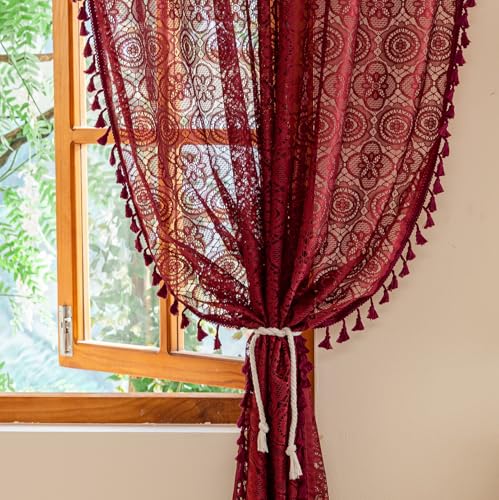 Burgunderrote Spitzenvorhänge, 213,4 cm lang, 2 Paneele, viktorianisches Blumenmuster, kastanienbraun, Spitze, durchscheinende Vorhänge mit Quasten, Weihnachtsvorhänge für Wohnzimmer, Schlafzimmer Burgunderrote Spitzenvorhänge, 213,4 cm lang, 2 Paneele, viktorianisches Blumenmuster, kastanienbraun, Spitze, durchscheinende Vorhänge mit Quasten, Weihnachtsvorhänge für Wohnzimmer, Schlafzimmer von YJ YANJUN