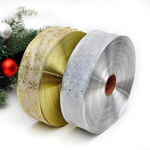 Weihnachtsband mit Schneeflocken-Aufdruck, 2 m, Stoff, goldfarben, silberfarben, zum Verpacken von Bäumen, Feiertagspartys, Schleifen, Girlanden und Banner, ideal für festliche Heimdekoration (Gold) Weihnachtsband mit Schneeflocken-Aufdruck, 2 m, Stoff, goldfarben, silberfarben, zum Verpacken von Bäumen, Feiertagspartys, Schleifen, Girlanden und Banner, ideal für festliche Heimdekoration (Gold) von YJDOORPLAY