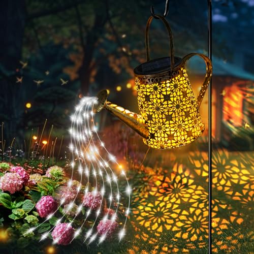 Solar Gießkanne mit Lichterkette Solarlampen für Außen Gießkanne Art LED-Licht mit Schäferhaken, Gartendeko Solar Weihnachten Lichterketten Aussen mit IP67, Star Shower Garten Leuchten für Weihnachten von YJFWAL