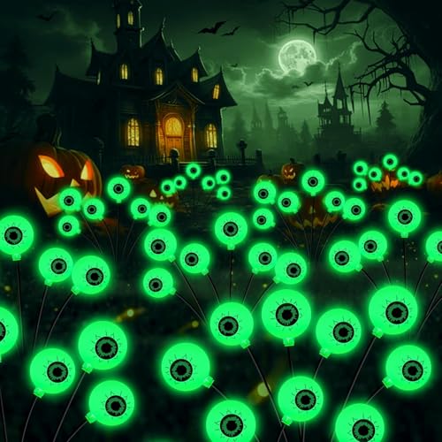 YJFWAL 6 Stück Halloween Deko Licht Outdoor, 6 LED Augäpfel Grüne Halloween LED Lichter Solar Gartenlichter Dekoration Lichterkette für Draußen Innen Spukhäuser und Partyzubehör Solarlampen für Außen von YJFWAL