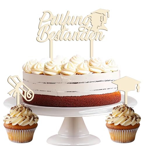 3pcs Cake Topper :Prüfung Bestanden Tortendeko Holz, Torten Cupcake Topper Kuchendeko Abschluss Abschlussfeier Gratulation Abitur Abi 2025 Bachelor Geschenk von YJSDDNTY