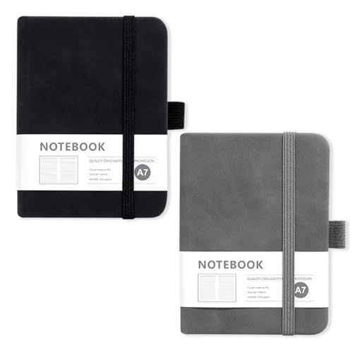 YJSDDNTY 2 pcs Notizbuch A7, Notizblock Mini Notizbuch, Taschennotizbuch Leder mit Elastischem Verschlussband für Reisen Schule,Journal, Reisetagebuch(Schwarz+Grau) von YJSDDNTY