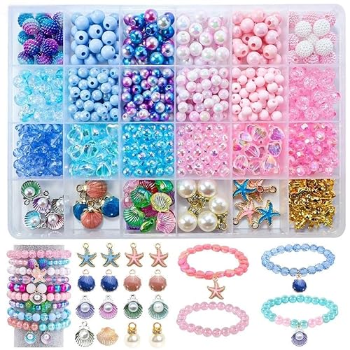 YJWZ 625 Stück Perlenset für Armbänder - 24 Farben Meeresthema Bastelset, Perlenset Kinder ab 4 Jahre & Erwachsene inkl Schmuckzubehör zum Auffädeln | DIY Armband Selber Machen Kit von YJWZ