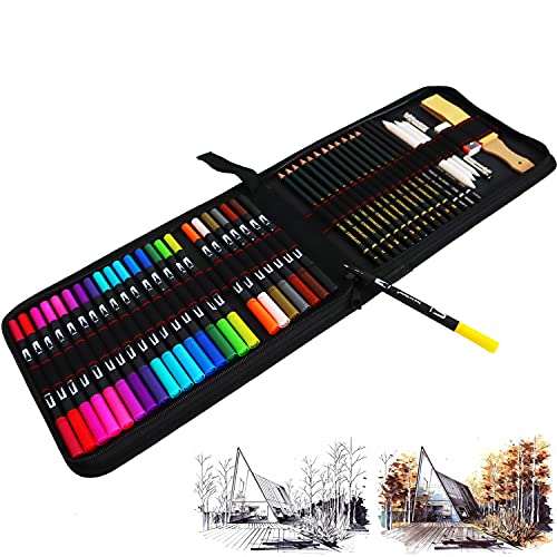 YJYHART 24 Aquarellstifte Pinselstifte Set,Filzstifte Dual Brush Pens mit Filzspitze Fineliner,Skizzierstifte Set,Bleistifte Zeichenstifte Profi mit Graphit Kohlestifte Sticks und Kit Bag von YJYHART