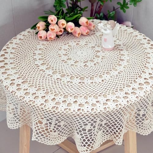 Handgemachte Gehäkelte Tischdecke - 90cm Rund Handgefertigt Baumwolle Häkel-Tischdecken Vintage Beige Spitzen Tischdecke Tischsets Tischdekoration für Hochzeit, Zuhause, Party Dekoration Abendessen von YKAFADE