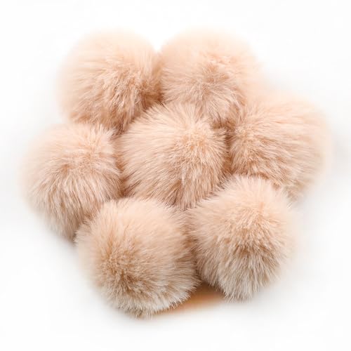 YKAFADE 10 Stück 5cm Kunstfell Pompon Bommel für Mützen Tasche Fellbommel Kunstpelz Flauschige Pompons mit Elastischer Schlaufe für Schals Schlüsselanhänger Dekoration Zubehör -Beige von YKAFADE