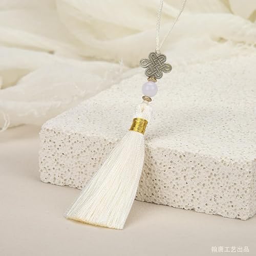 YKAFADE 10 Stück Quasten Anhänger,15cm Mini Quasten Handgemachte Seidige Quaste Schlüsselanhänger mit Perlen Chinesische Quaste für DIY-Projekte, Lesezeichen Tasche Schmuck Basteln-Beige weiß von YKAFADE
