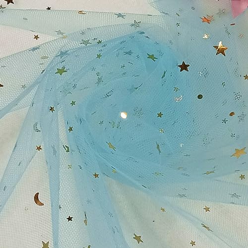 YKAFADE 150cm Breit Netzstoff 1 Yard Dekostoff Mit Sternen Mond Sparkly Stoff Deko Stoffe Kostümstoff zum Nähen Tüll Stoff Für DIY Tutu-Röcke Basteln Kleidung Hochzeitskleid, Heimdekoration -Blau von YKAFADE