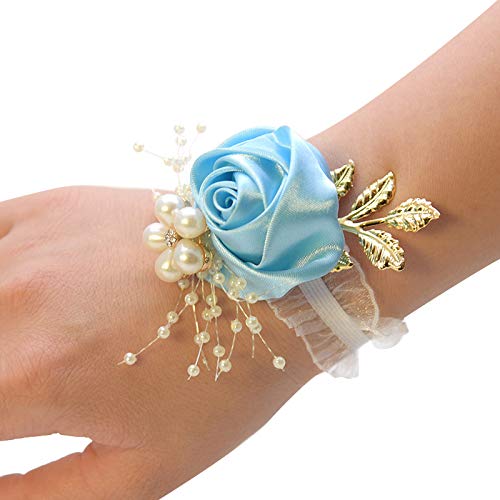 YKAFADE 2 Stück Braut Handgelenk Blume, Braut Blume Armband mit Perle Hochzeit Dekoration Blumenarmband Brautjungfer Mädchen Hand Blume Für Brautjungfer, Tanz, Abschlussballparty, Bankett -Blau von YKAFADE