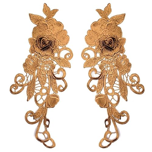 YKAFADE 2 Stück Stickerei Spitzen Blumen Patches, Spitze Applikation Zum Aufnähen Spitzenapplikation Blumenstickerei Patch für DIY Hochzeit Brautkleid Reparatur Kleidung Rucksäcke Jeans -Gold Kaffee von YKAFADE