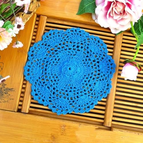 YKAFADE 4 Stück Spitze Runde Gestickte Tischläufer - 20cm Retro Spitze Französische Häkeldeckchen Tischmatte Spitzendeckchen Tischsets für Küche, Esszimmer, Dreamcatcher Dekoration -Blau #2 von YKAFADE