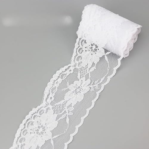 YKAFADE 9m Elastizität Spitzenborte Spitzenband Spitzenbordüre 6 cm breit Spitzenblumen Dekorativ Spitzenstoff zum Basteln,Nähen und Brautkleid, Applikation,Dekorationen Geschenkverpackungen -Weiße von YKAFADE