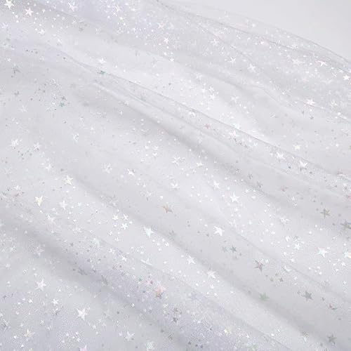 YKAFADE Tüllstoff Glitzer 500cm * 160cm Dekostoff Mit Sternen Sparkly Stoff Netzstoff Glitzer Garn Tüll Kostümstoff zum Nähen Für Kleidung Dekoration Hochzeitskleid Fotografie Hintergrund -Weiß von YKAFADE