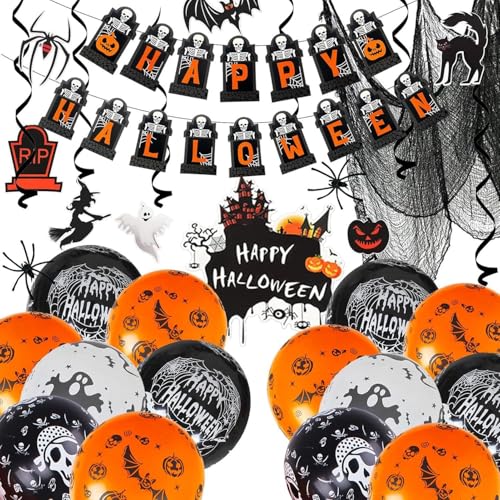 YKHSUAOU Halloween Deko Innen Set, Haloween Luftballons Set, haloween Grusel Deko mit Latex Balloons, Mini Spiders, Spider Web, for Home, Halloween, Children's Party Decoration (A) von YKHSUAOU