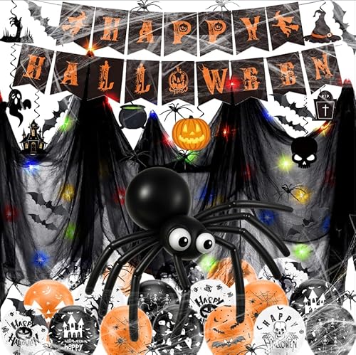 YKHSUAOU Halloween Deko Innen Set, Haloween Luftballons Set, haloween Grusel Deko mit Latex Balloons, Mini Spiders, Spider Web, for Home, Halloween, Children's Party Decoration (B) von YKHSUAOU
