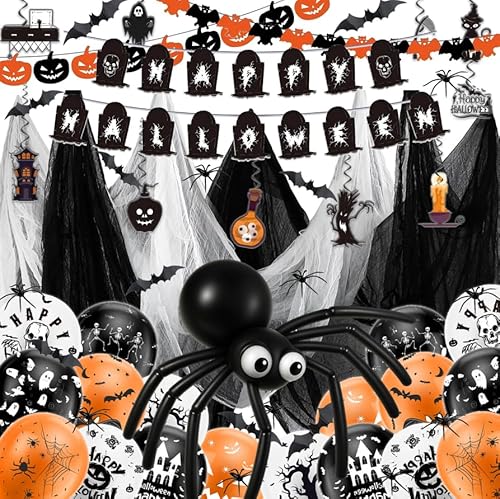 YKHSUAOU Halloween Deko Innen Set, Haloween Luftballons Set, haloween Grusel Deko mit Latex Balloons, Mini Spiders, Spider Web, for Home, Halloween, Children's Party Decoration (C) von YKHSUAOU