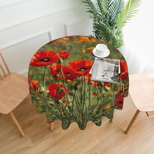 YKJJFVZ Runde Tischdecke mit Mohnblumen-Druck, weiches Polyestergewebe, Tischdecke für runden Tisch von YKJJFVZ