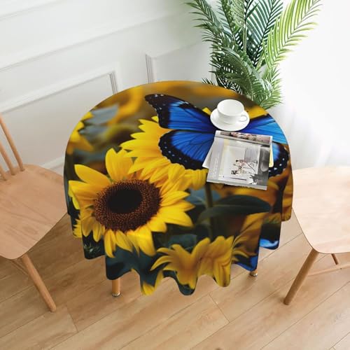 YKJJFVZ Runde Tischdecke mit gelben Sonnenblumen mit blauen Schmetterlingen, weiches Polyestergewebe, Tischdecke für runden Tisch YKJJFVZ Runde Tischdecke mit gelben Sonnenblumen mit blauen Schmetterlingen, weiches Polyestergewebe, Tischdecke für runden Tisch von YKJJFVZ