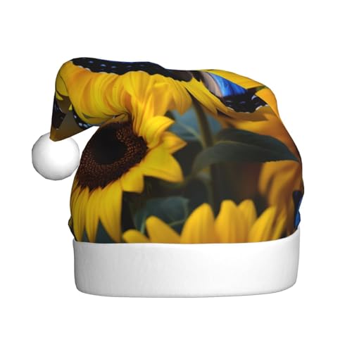 YKJJFVZ Weihnachtsmütze mit gelben Sonnenblumen mit blauen Schmetterlingen, Weihnachtsmütze für Erwachsene, Uni, Weihnachtsmütze für Neujahrsparty YKJJFVZ Weihnachtsmütze mit gelben Sonnenblumen mit blauen Schmetterlingen, Weihnachtsmütze für Erwachsene, Uni, Weihnachtsmütze für Neujahrsparty von YKJJFVZ
