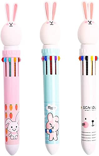 YKKJ Mehrfarbige Kugelschreiber 3 Pack 10-in-1 Roller Ball Color Kugelschreiber für Office School Supplies Studenten Kinder Geschenk, Süßes Cartoon-Kaninchen von YKKJ