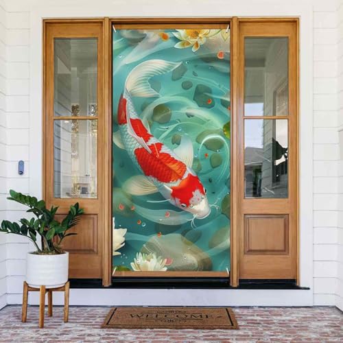 Japanischer hübscher Koi-Fisch, bedrucktes Türbanner aus Stoff, hängende Türabdeckung, Hintergrundposter für Zuhause, Haustür, Urlaub, Party-Dekorationen von YKLJG