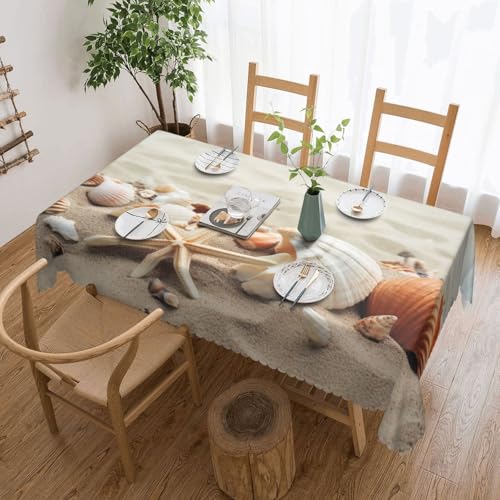 YKLJG Rechteckige Tischdecke mit Muscheln, Sanddruck, 183 x 137 cm, wasserdichter Stoff, dekorative Tischdecke mit Spitzenrand, für Essen/Party/Buffet/Hochzeit von YKLJG