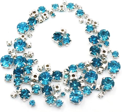 YKMYXZ, 100 Stück/Beutel, verschiedene Größen, Glaskristallsteine, lose Perlen, silberfarbene Krallenfassung, for Aufnähen von Strasssteinen, DIY, Hochzeitskleid(Lake Blue) von YKMYXZ