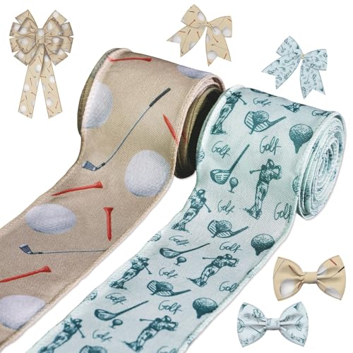 2 Rollen Golfband – 6,3 cm x 4,5 m, Golfbälle & Tee mit Drahtrand, dekoratives Band, modernes und Vintage-Golf-Thema für Geschenkverpackungen, Vatertag, Sport, Party, Dekoration, Kranz, Basteln von YKW