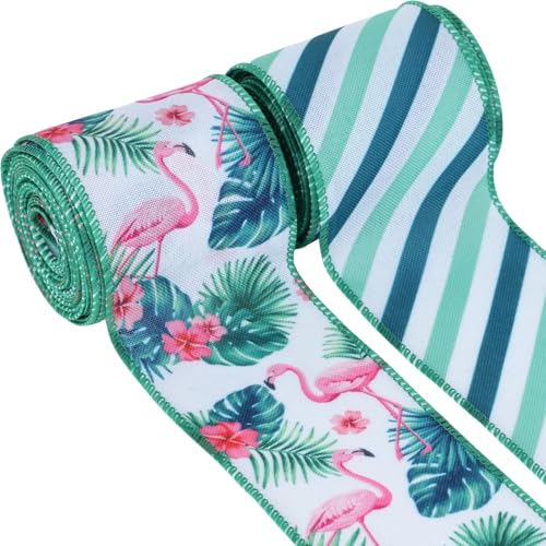 YKW 2 Rollen Flamingo-Juteband, je 6,3 cm x 4,5 m, tropisches Blumen-Design mit Drahtrand, perfekt für Bastelarbeiten, Party-Dekoration, Geschenkverpackungen, Hochzeiten und saisonale Projekte von YKW