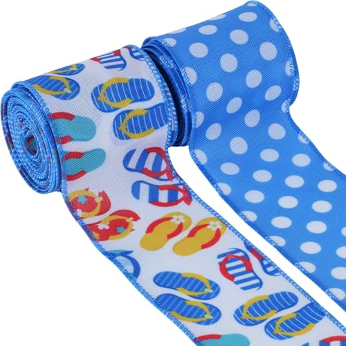 YKW 2 Rollen Sommer-Flip-Flop-Juteband – je 6,3 cm x 4,5 m, blaue Punkte und helle Flip-Flops, langlebige Drahtrand, ideal für Bastelarbeiten, Party-Dekoration, Geschenkverpackungen, Hochzeiten von YKW