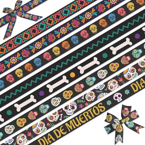 YKW Day of the Dead Schleifenband, 8 Stück, 22 Meter Dia de Muertos, 3/8 Zoll Zuckerschädel, Ripsband für Basteln, Halloween, mexikanische kulturelle Feiern, Dekorationen von YKW