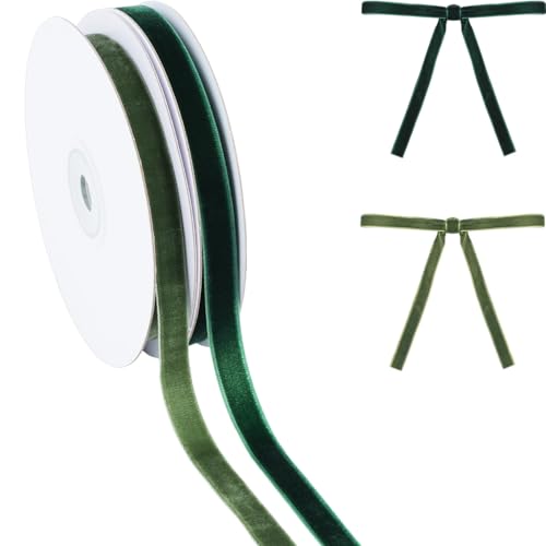 YKW Grünes Samtband-Set, 2 Rollen, 0,95 cm x 9,1 m, Weihnachtsband für Geschenkverpackungen, Basteln, Baumschmuck, Partyzubehör, DIY-Projekte von YKW