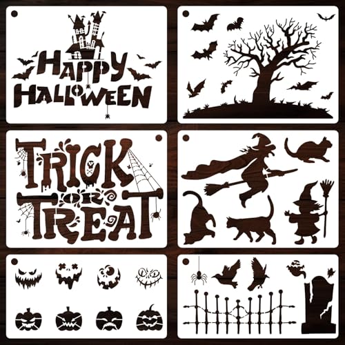 YKW Halloween-Schablonen, groß, 24 x 17,8 cm, 24,4 x 12,7 cm, wiederverwendbar, gruselige Vorlagen zum Bemalen von Holzschildern, Stoffen, Süßigkeitendekorationen, 6 Stück von YKW