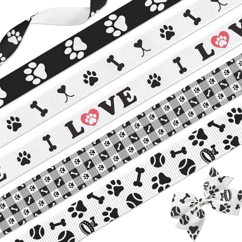 YKW Pfotenabdruck-Bänder-Set, 5 Stück, grob gerippt, 1,6 cm und 2,2 cm x 2,7 m, Tierdruck-Bänder für Haustiere, Bastelarbeiten, Geschenkverpackungen, Party-Dekoration von YKW